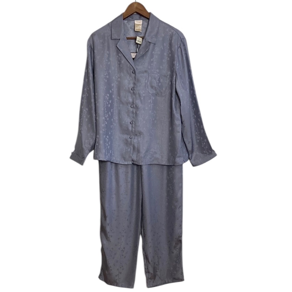 Vintage New Pajamas Womens Large Gray Floral Silver Satin Pajama Top Bottoms